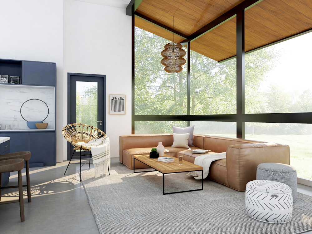 Open-concept living and dining space with modern furnishings and natural light